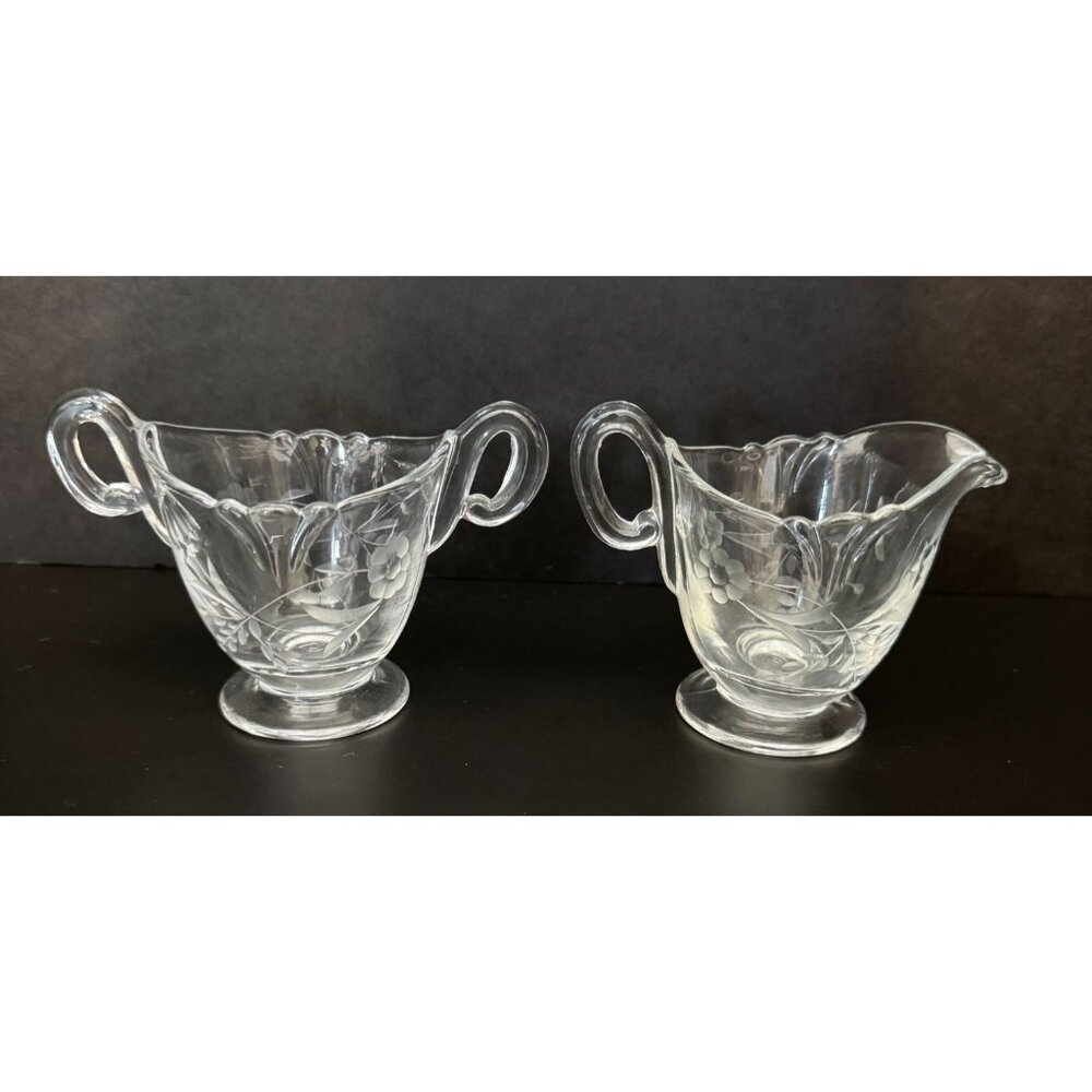 Vintage Heisey Glass Cream & Sugar Bowl Set With Floral Etching - Elegant Servew